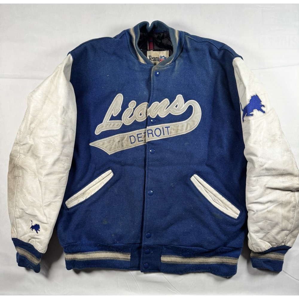 DeLONG Vintage 90s Varsity Jacket Detroit Lions Wool Leather Blue Cream Mens XL